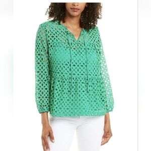 J. Crew Green Eyelet Peasant Blouse